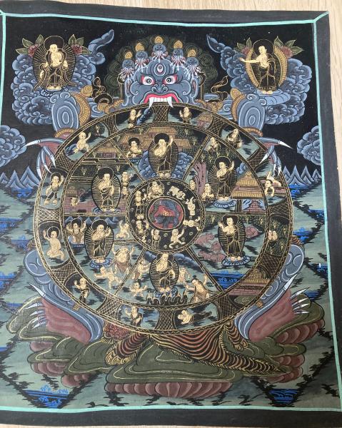 Original Vintage Tibetan Buddhist Thangka Painting - Black Wheel of Life - Fair Trade