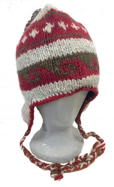 Handknit Earflap Hat - 100% Wool - Red & Grey Traditional Tibetan Design - Fair Trade